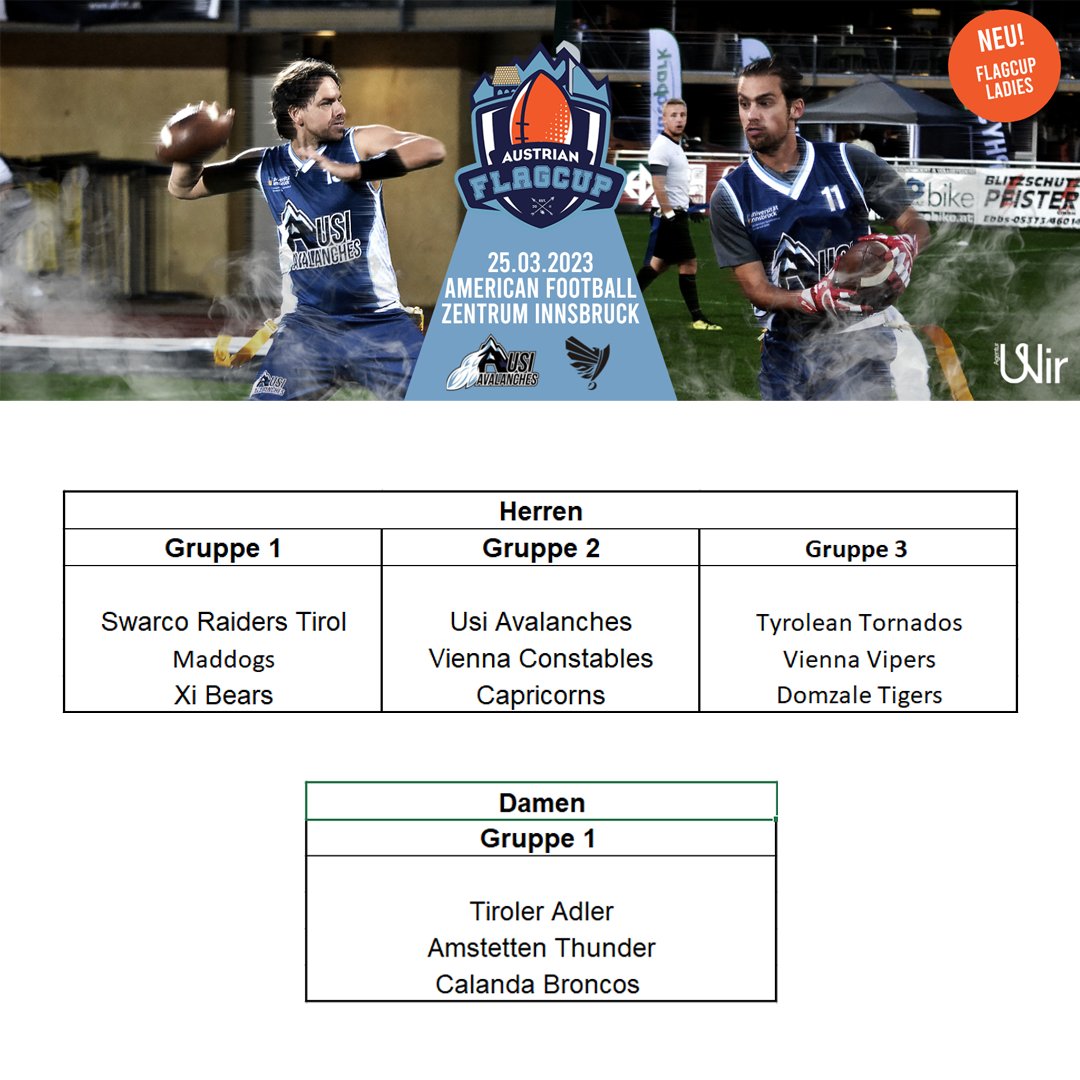 usiavalanchesff's tweet photo. The groups for the Austrian Flag Cups are set. Can't wait to welcome the teams in Innsbruck!

#flag #flagfootball #flagfootballaustria #flagfootballmadeintyrol https://t.co/t9qY2TeL1J