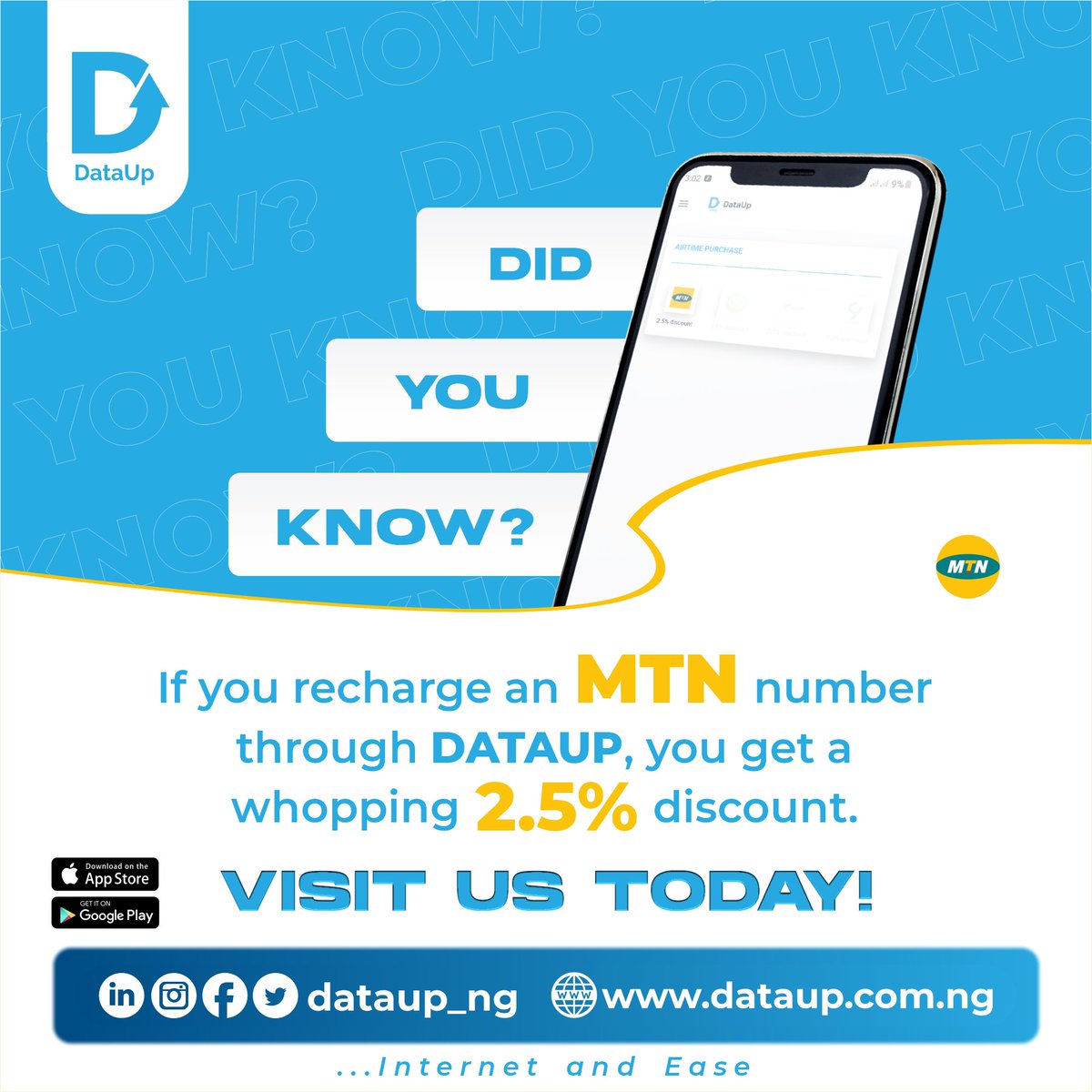 dataup_ng's tweet photo. Did you know? π€
If you recharge an MTN Number through DATAUP, you get a whooping 2.5% discount.
VISIT US TODAY! Through the link in our bio.
#dataup #nigeria #didyouknow #mtn #internetandease https://t.co/GiLIeyVoOI