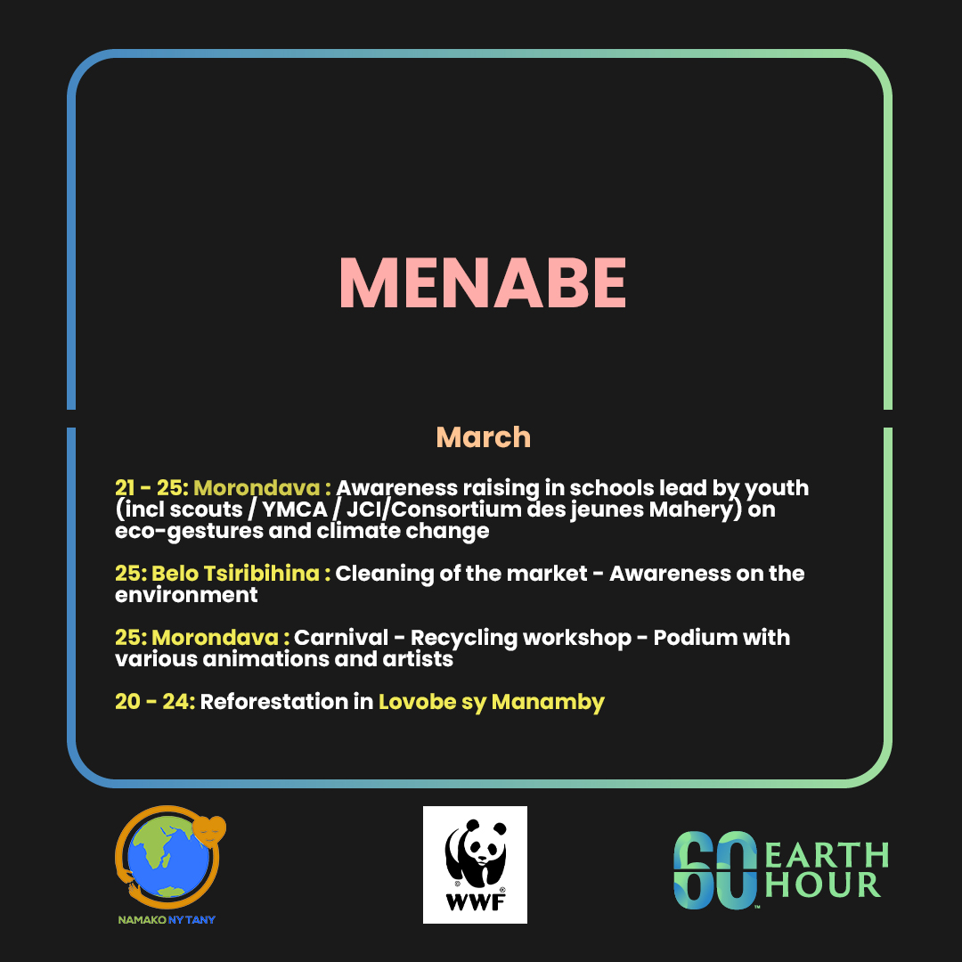wwf_mada's tweet image. 🎉Earth Hour 2023 Program - Part I🎉
Find below the list of activities for the Earth Hour celebration in Madagascar 👇
And join Namako ny Tany youth in your region for the biggest event in March 🌍🇲🇬
#OneSharedHome #EarthHour2023 #Madagascar