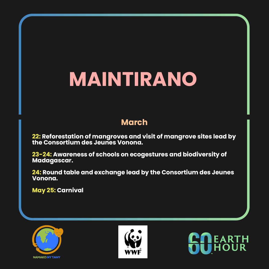 wwf_mada's tweet image. 🎉Earth Hour 2023 Program - Part I🎉
Find below the list of activities for the Earth Hour celebration in Madagascar 👇
And join Namako ny Tany youth in your region for the biggest event in March 🌍🇲🇬
#OneSharedHome #EarthHour2023 #Madagascar