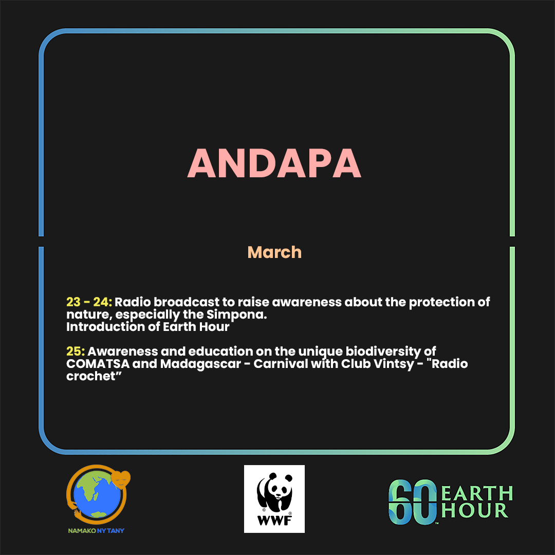 wwf_mada's tweet image. 🎉Earth Hour 2023 Program - Part I🎉
Find below the list of activities for the Earth Hour celebration in Madagascar 👇
And join Namako ny Tany youth in your region for the biggest event in March 🌍🇲🇬
#OneSharedHome #EarthHour2023 #Madagascar