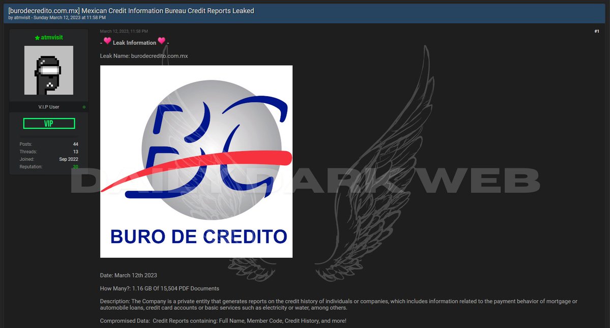 DailyDarkWeb's tweet photo. #Mexico 🇲🇽 - Confidential documents of Buro de Crédito are allegedly leaked

The threat actor claims to compromise credit reports containing Full Name, Member Code, Credit History, and more.

#DarkWeb https://t.co/72F3HV0AUf