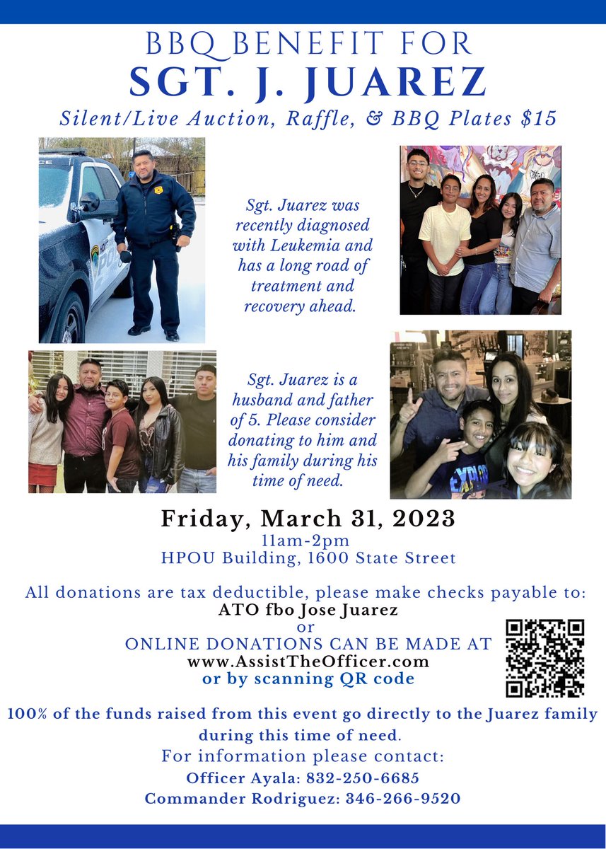 ATOHouston's tweet photo. Don't forget about the upcoming BBQ Benefit on Friday, 3/31 for Sgt. Juarez and his family!  Can't make it?  Donate online today at https://t.co/BQpxuNBkYD
 
Please, like and retweet! https://t.co/nEalgv9pFO