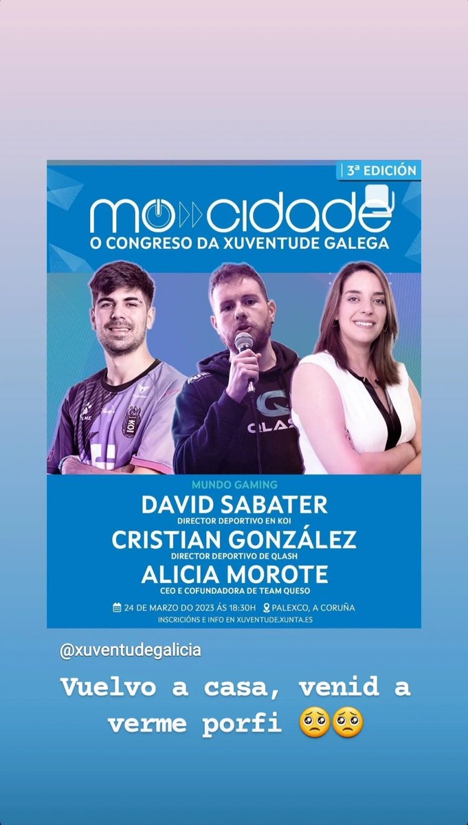 El 24 de Marzo vuelvo a casa para hablar de esports con <a href="/CrisEspartaco/">Cristian Espartaco</a> y <a href="/Ali_morol/">Ali Morol</a> en el evento #Mocidade2023. Venid a verme que me hace ilusión 🥺🥺 <a href="/xuventude/">Xuventude</a>.