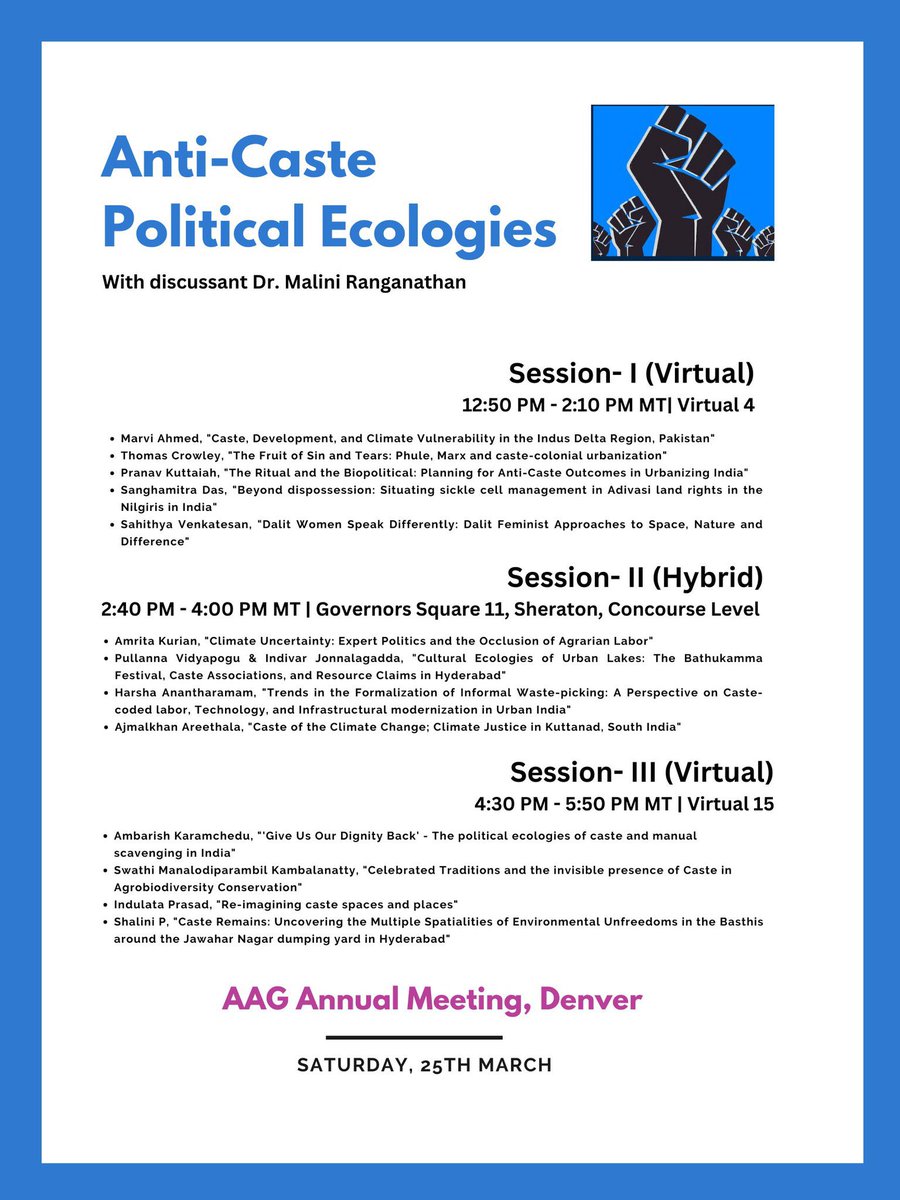 Anti-Caste Political Ecologies I, II, III - check out this fabulous set of 13 papers <a href="/theAAG/">American Association of Geographers</a> #AAG2023 and mark your calendars! 

This is going to be epic! And thanks to <a href="/amaniponnaganti/">Amani Ponnaganti</a>, <a href="/TanyaMatthan/">Tanya Matthan</a>, &amp; <a href="/karuvachitweets/">Sahithya</a> for pulling this together🔥

Mar 25, virtual and hybrid