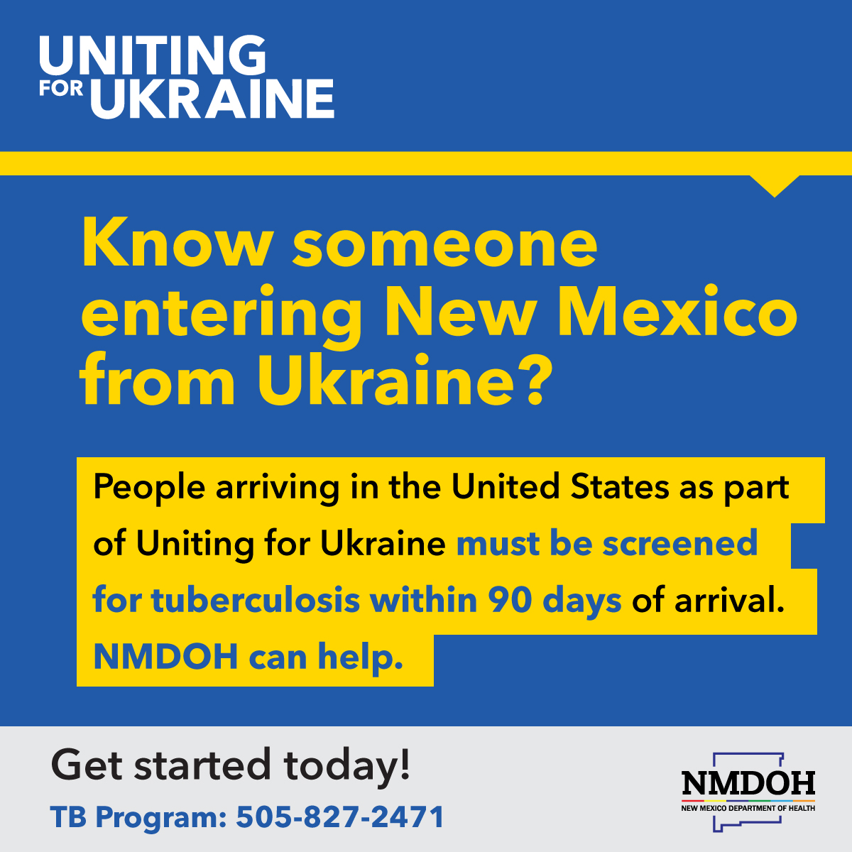 NMDOH's tweet photo. NMDOH can help Uniting for Ukraine participants with additional immunization requirements including COVID, measles, and polio vaccines. The TB Program is here to help at 505-827-2471.
#UnitingforUkraine #U4U #Ukraine
#NewMexico #TB #tuberculosis #NMhealth https://t.co/Ex9eFTkQDJ