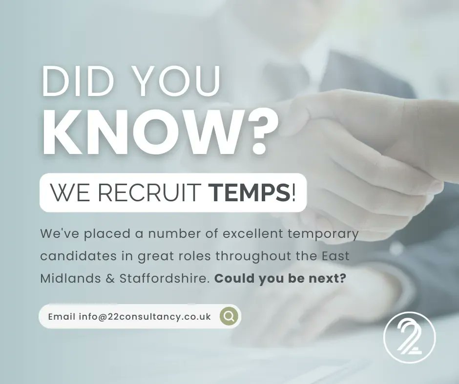 Calling all temps! 📢
Did you know that Twenty2 recruit for permanent and temporary opportunities? 
Visit buff.ly/3BYljty or email info@22consultancy.co.uk for an informal chat about our #temporaryrecruitment services and how we can help.
#Derby #Nottingham #TempJobs