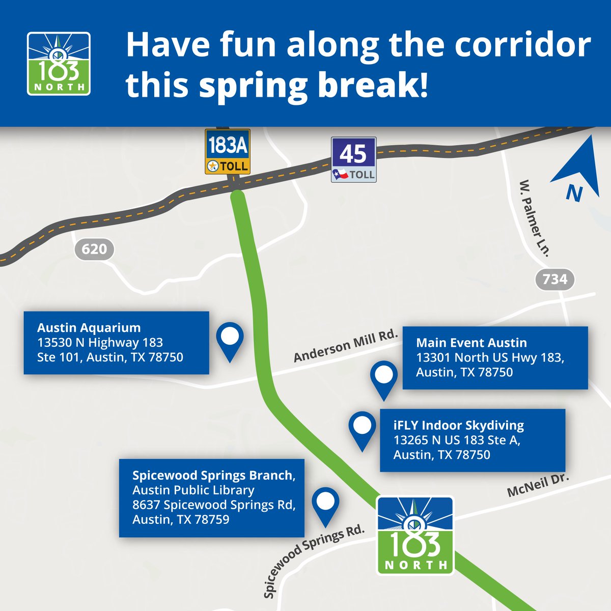 183North's tweet image. Looking for things to do this #springbreak? We've got you covered! Check out some fun activities along the 183 North Mobility Project corridor, including the @AustinAquarium Main Event, and iFLY! #SpringTimeFun #183North