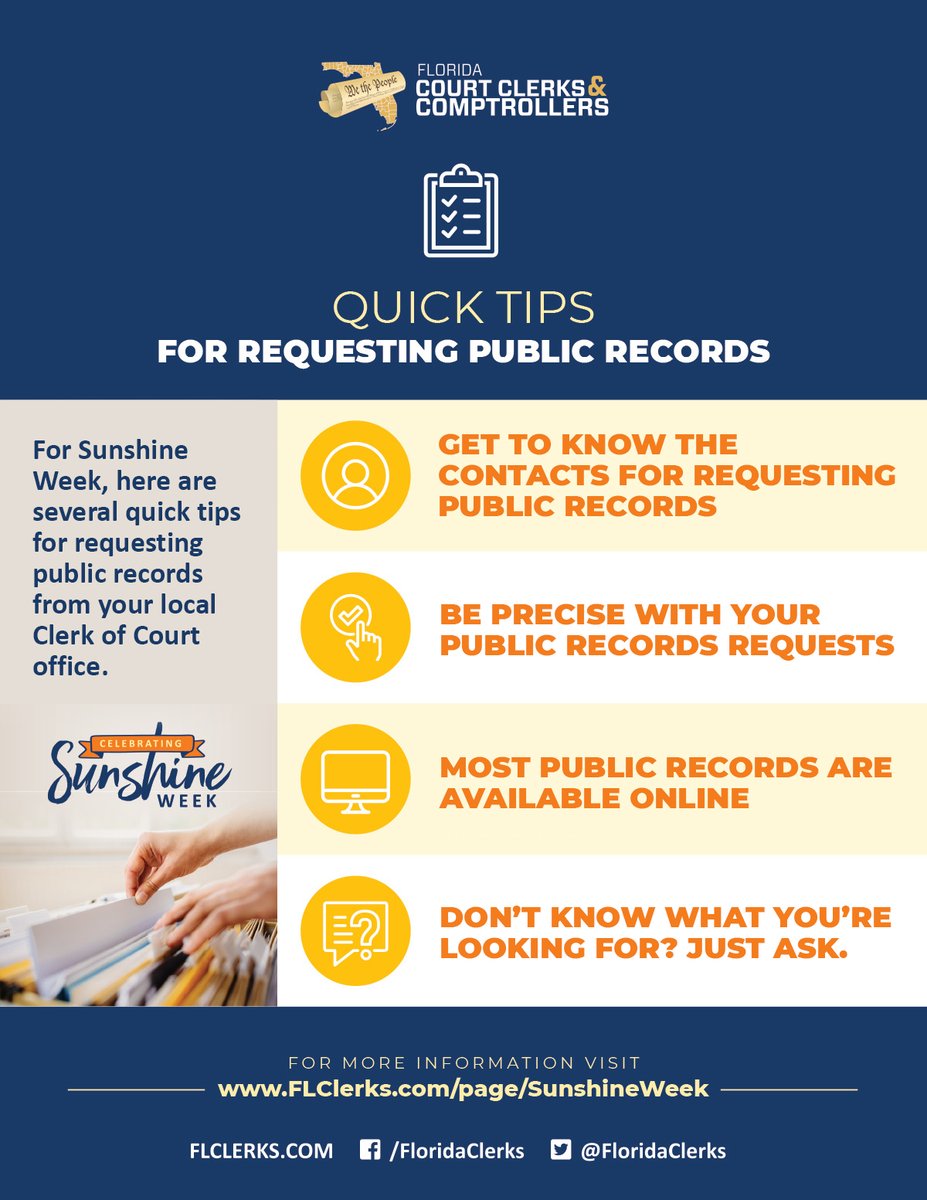 FloridaClerks's tweet photo. As the custodian of records, Clerks of Court manage the timely and appropriate access to official and court records.

Need a public record? Check out these tips for requesting public records.

Learn more at:
https://t.co/qz2mzzRHpo

#SunshineWeek2023 #FLClerks #ClerksServeFL https://t.co/Zde6fo7FZk