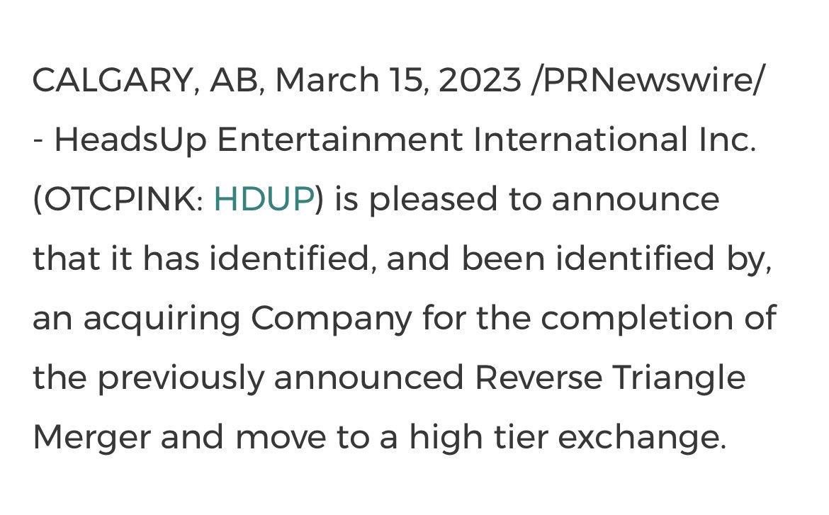 $HDUP Mega news 

HDUP being acquired to move to a higher tier exchange 🤯🤯