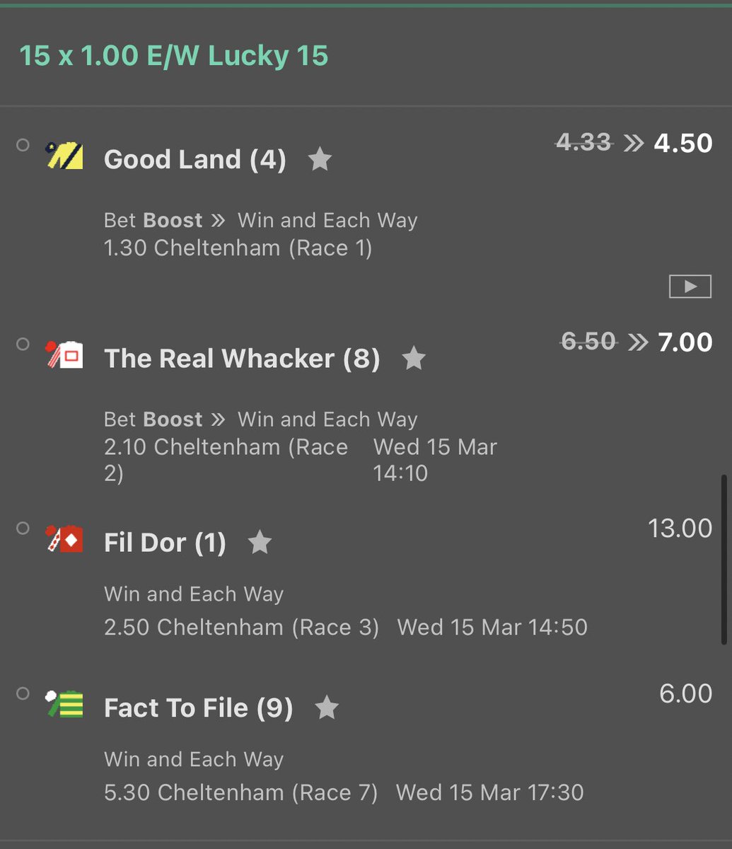 fishbettips's tweet photo. 30 minutes to the first race!!! 

gone with a lucky 15 for day 2 of cheltenham rather than singles and an acca. think this has serious potential. 

might be some individual horse punting as the day goes on but let’s see how the first couple go!!!! https://t.co/gboH3wlYky