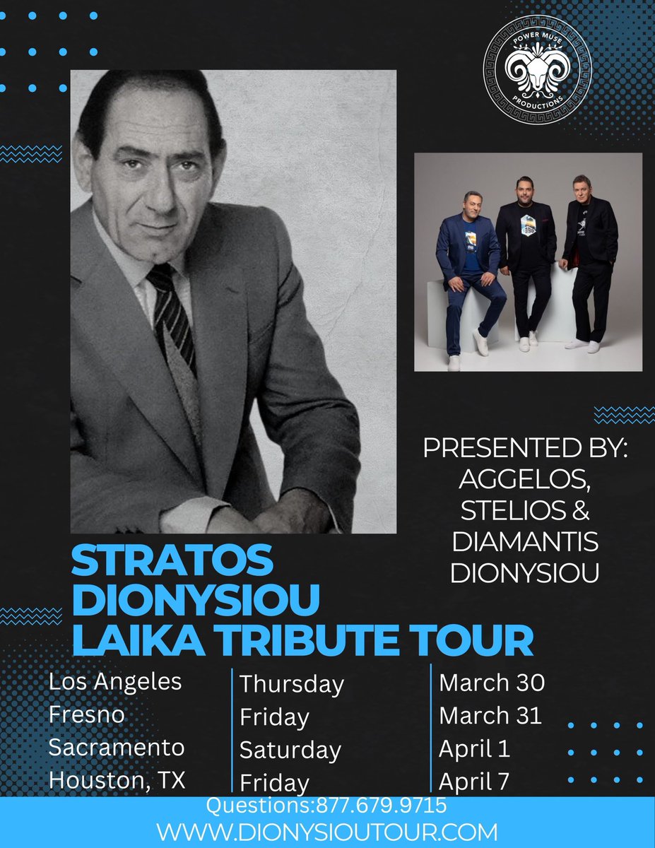 GreekConcert's tweet photo. #Stratos #Dionysiou Tribute Tour!
Purchase tickets today to see his sons #Aggelos #Stelios and #Diamantis perform all the classic #Greek hits
https://t.co/bIruYEbEH1
Los Angeles Thursday, March 30
Fresno, Friday, March 31
Sacramento, Saturday, April 1
Houston, Friday, April 7 https://t.co/sRzQZ2cinZ