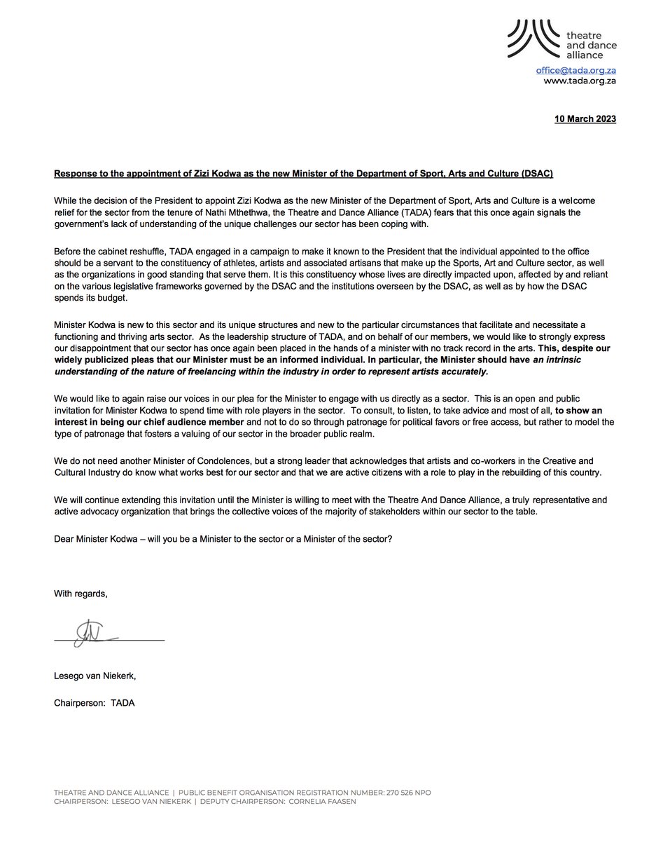 SAGA is a founding member of the <a href="/tad_alliance/">Theatre And Dance Alliance</a> and we endorse the letter requesting a meeting with the newly appointed Minister of <a href="/SportArtsCultur/">Department of Sport, Arts and Culture</a>, Minister <a href="/zizikodwa/">Zizi Kodwa</a>