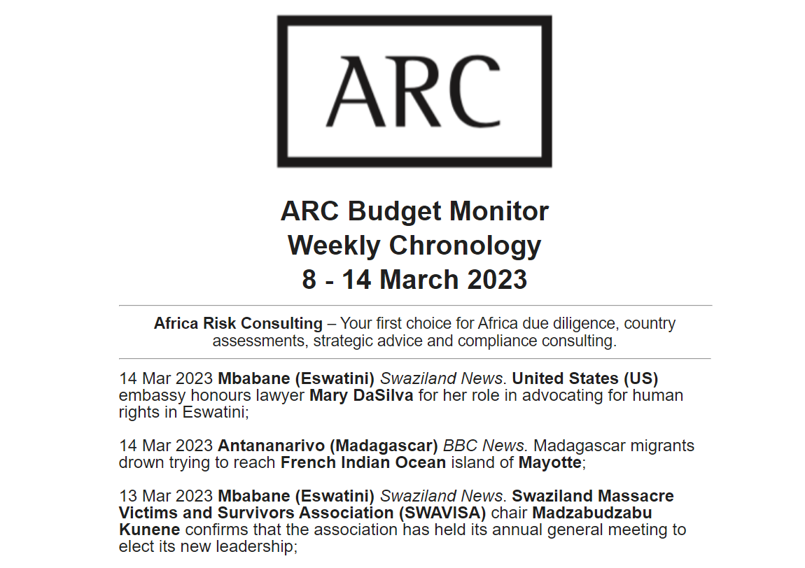 The ARC Budget Monitor Weekly Chronology 8 - 14 March 2023 Highlights

Not on our mailing list? 🧐 sign up using this link:
bit.ly/Subscribe-ARC-…

#Eswatini #Madagascar #weeklynews #politicalrisk