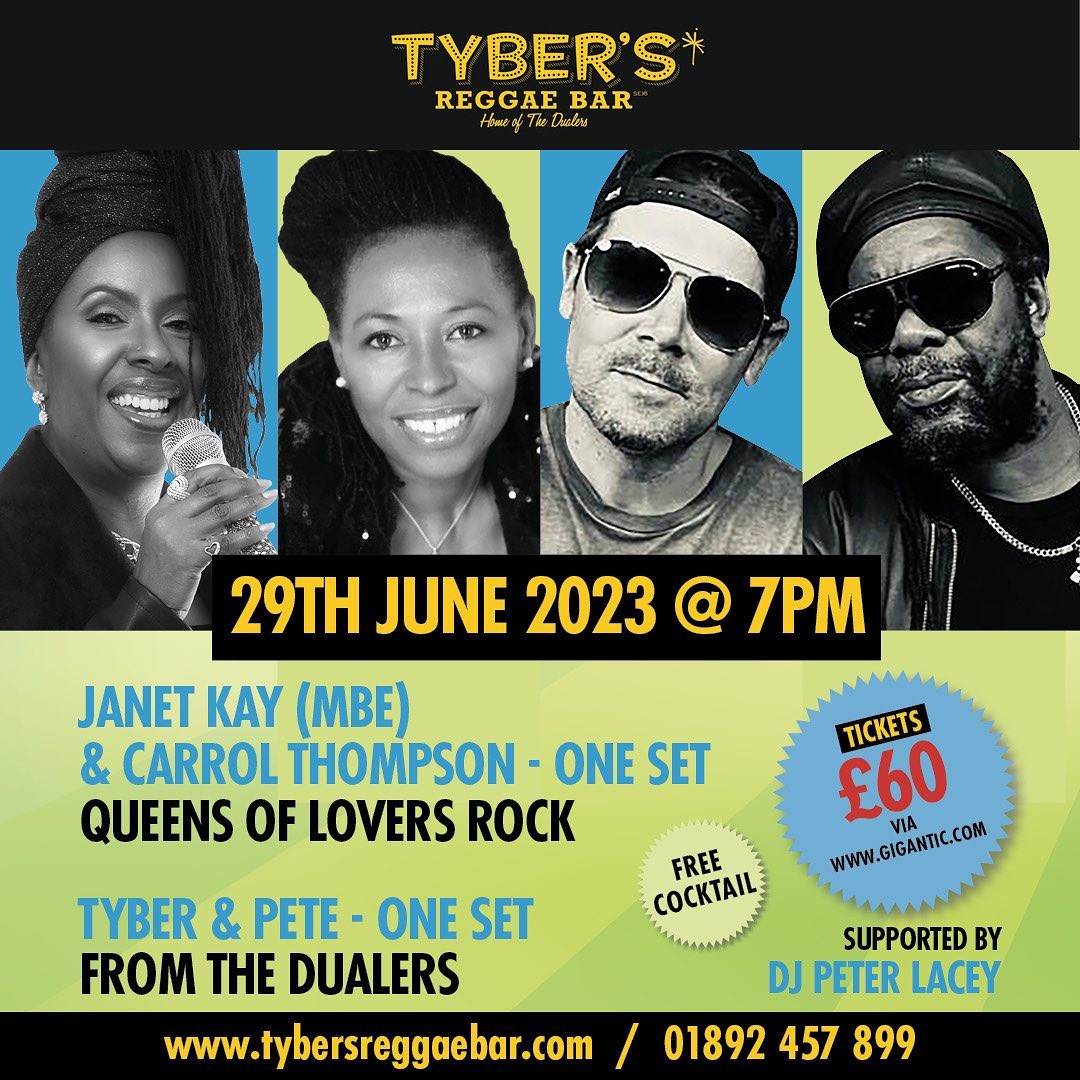 Queens of Lovers Rock <a href="/JanetKayMusic/">Janet Kay</a> <a href="/queenoflovers/">Carroll Thompson</a>  appear at Tyber's Reggae Bar for an intimate, up close and personal experience. Plus a set from Tyber &amp; Pete from <a href="/TheDualers/">The Dualers</a> &amp; me on DJ duties.
Tickets limited to 100, £60 each incl FREE cocktail 😎
bit.ly/3LmywTs