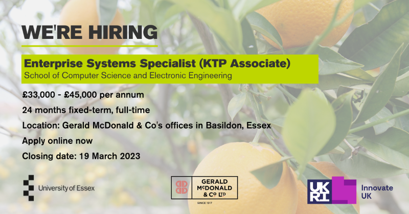 UoE_Business's tweet photo. 🚨 Only a few days left to apply 🚨We’re looking for an Enterprise Systems Specialist (#KTP Associate) for a Knowledge Transfer Partnership between the @Uni_of_Essex &amp; Gerald McDonald &amp; Co Ltd – the UK’s leading independent juice and spice purveyor.

Download the job pack now👇