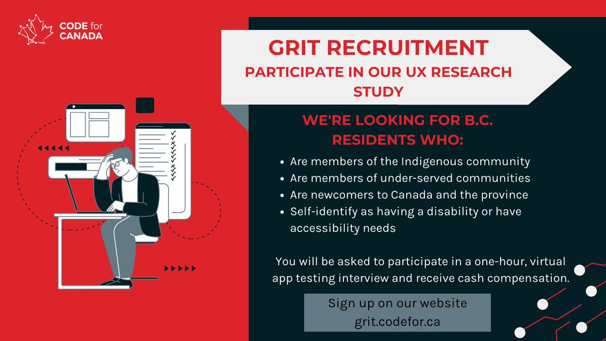 code4ca's tweet photo. 🗣️ Hey #BritishColumbia! 

We're recruiting research participants to test out a health app and share their experiences with us in a virtual, one-hour interview. Participants will receive $60 for their time.

Sign up and learn more here: https://t.co/x9kh0ibeDN

#InclusiveUX https://t.co/uNMiVITMBP