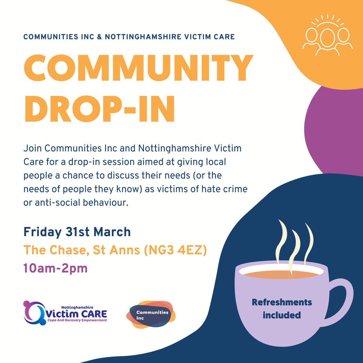On Friday 31st March we will be joining <a href="/NottsVictimCARE/">Notts Victim CARE</a> for a Community Drop-in at The Chase, St Anns, 10-2pm ☕️

Want to talk to someone about hate crime? Come and have a cup of tea and a chat 🫖 #Nottingham #StandbyMe