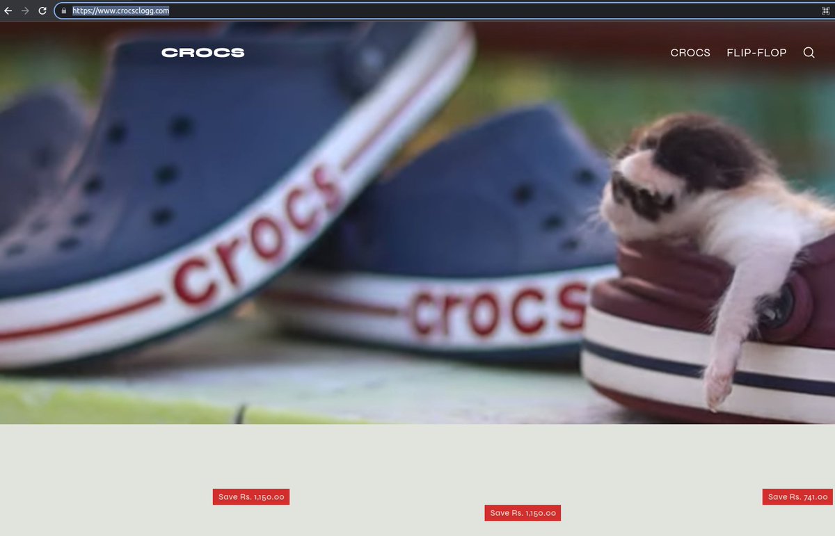 cyberpu72280648's tweet photo. seems like an phishing site 
hxxps[:]//www[.]crocsclogg[.]com
advertising 45-90% sale of crocs 
@Crocs can you have an look into it 
#crocs @Crocs #phishing #crocssale https://t.co/EaKb7acYX8