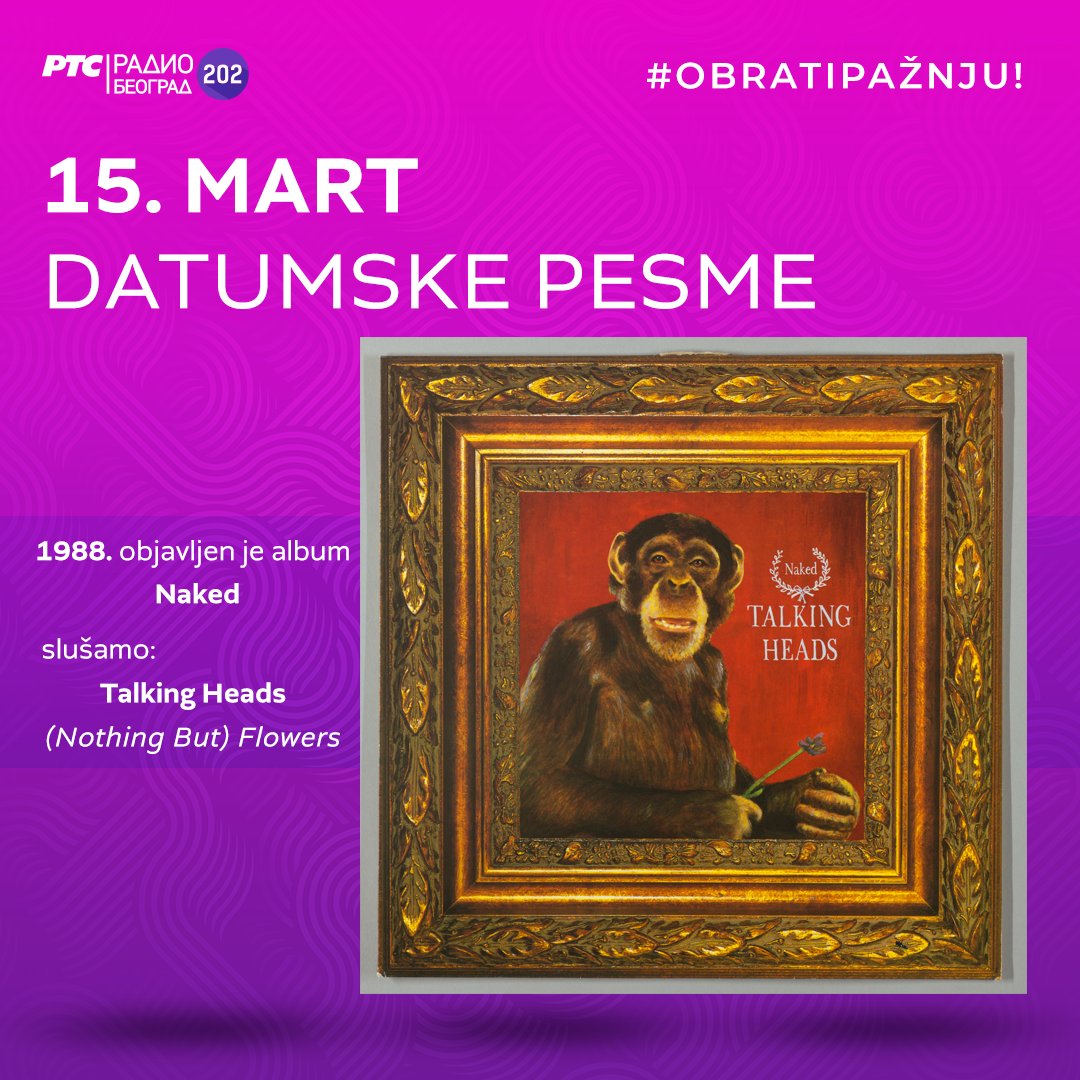 Beograd202's tweet photo. 🗓️ #DatumskePesme - slušamo radnim danima od 14 sati
1962. ✴️ rođen je TERENCE TRENT D'ARBY (#SanandaMaitreya)
1982. ✴️ duo YAZOO - singl #OnlyYou
1983. ✴️ grupa TALKING HEADS - album #Naked
2004. ✴️ Anastacia - singl #LeftOutsideAlone

#15mart #NaDanašnjiDan
#15March #OnThisDay https://t.co/ap1VwsnjMt