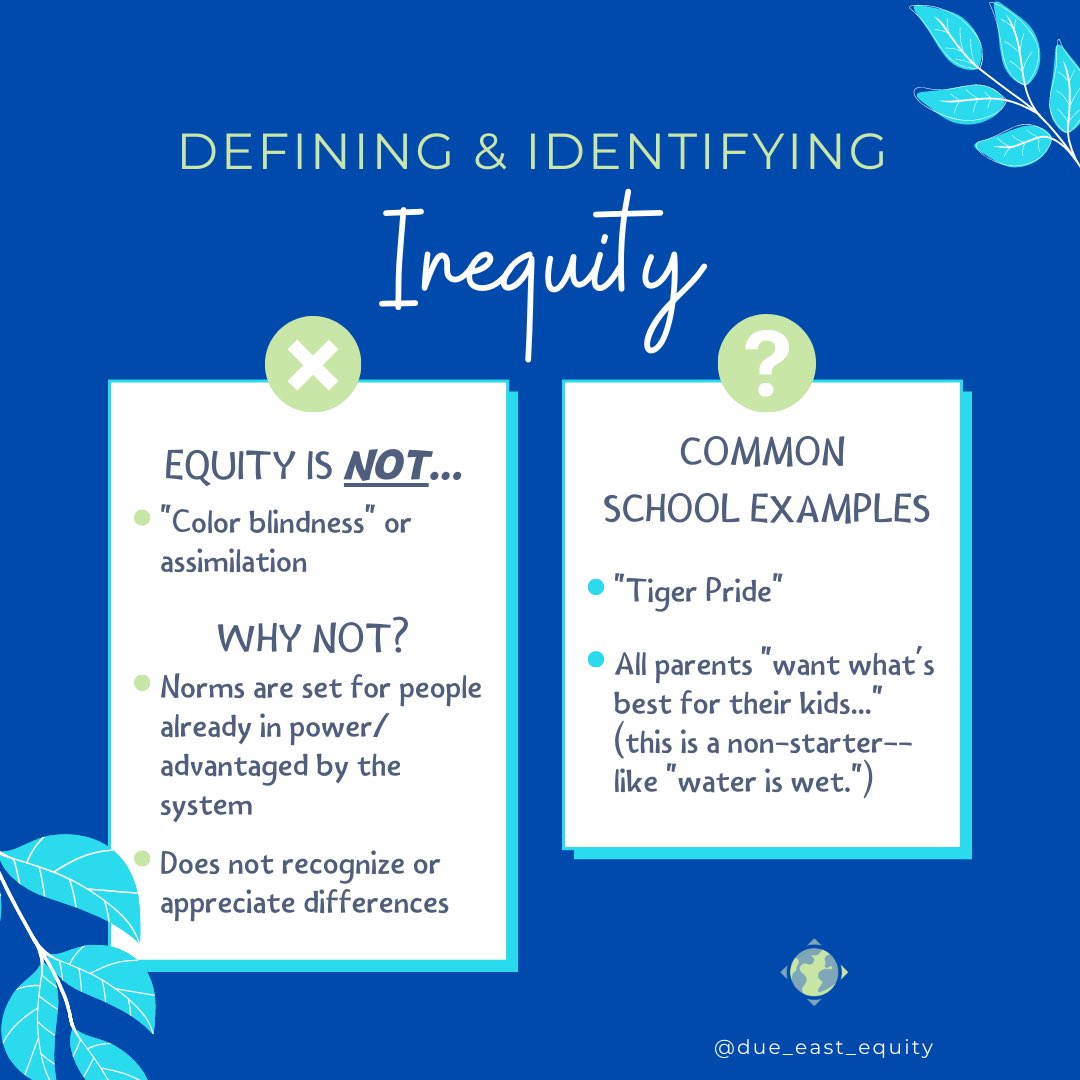 Due_East_Equity's tweet photo. Helping people "fit in" to the system as it currently exists is *not* equity. The norms were set by/for the people already in power, so forced assimilation does not make space for-- or value-- differences.

#educationalequity #antiracism #racialequity #educationaljustice https://t.co/lGxFdu8CUN