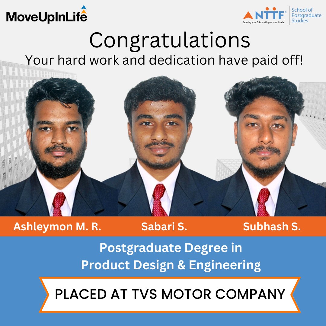 NTTFindia's tweet photo. Congratulations to our PG students on their placement! Their success stories are a testament to our outstanding placement facilities. Join us to move up in life! Special thanks to TVS Motor Company for choosing us.
#NTTF #MoveUpInLife #SkillIndia #Professional  #SPG #Postgraduate https://t.co/MXD5nxLc9r