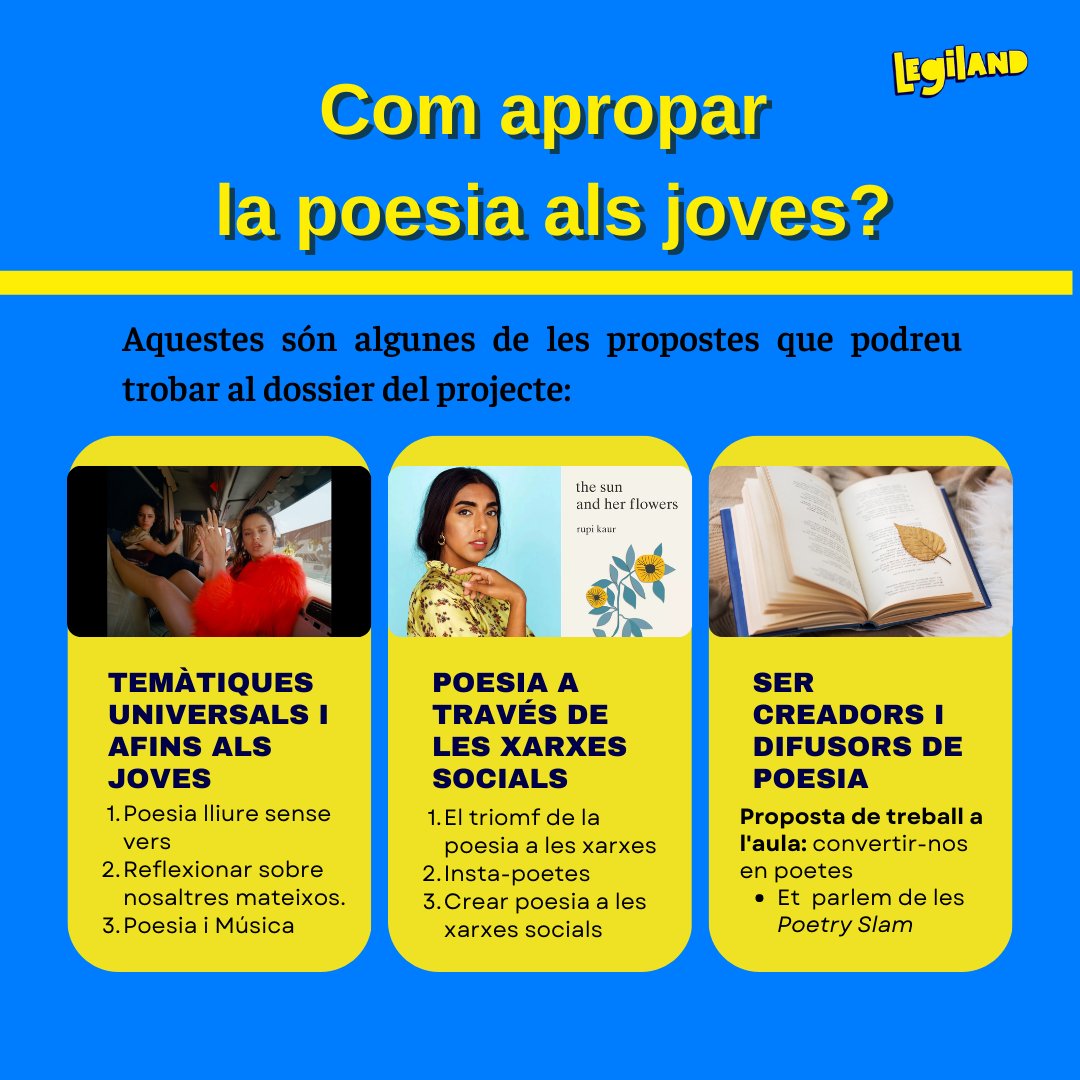 El pròxim 21 de març és el Dia de la Poesia i volem compartir-vos el projecte "Com apropar la poesia als joves" amb idees i activitats per fer a l'aula. Us deixem una mostra del que podeu trobar al dossier complet, el qual que podeu descarregar aquí: legiland.club/ca/proyecto-po…