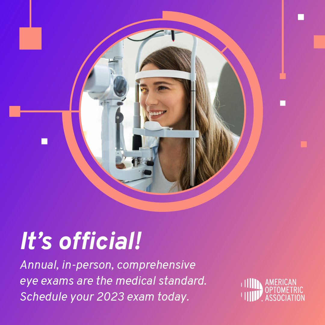 FloridaEyes1's tweet photo. AOA's newly updated adult guidelines call for an annual in-person eye exam. Add a trip to the optometrist to your to-do list this year  ✅👀
Look for an AOA doctor in your area at https://t.co/S2g1tuY737. https://t.co/skhseBkSSd
