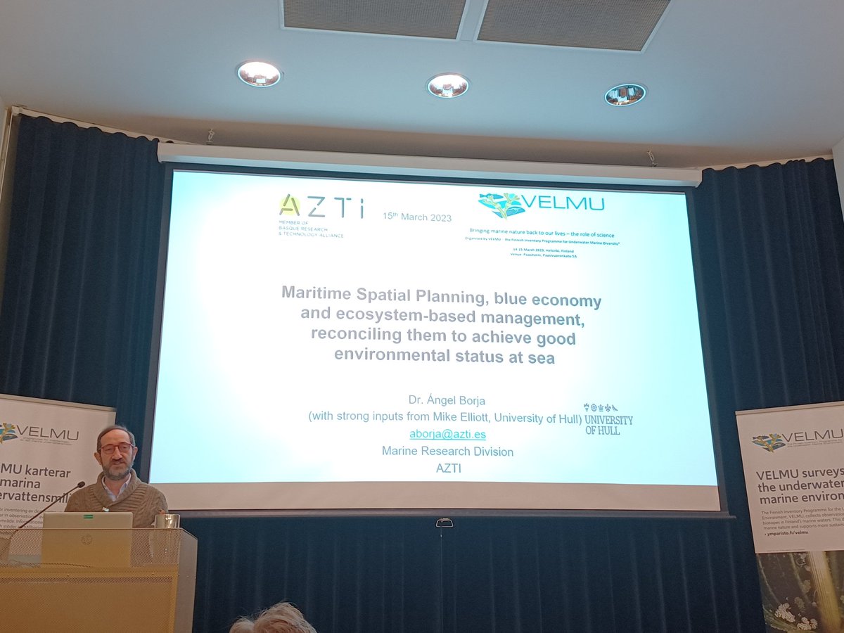 edrakou's tweet photo. Concluding talk at the #VELMU conference by @AngelBorjaYerro on how to achieve Good Environmental Status for our seas. https://t.co/tnxjZFsEge