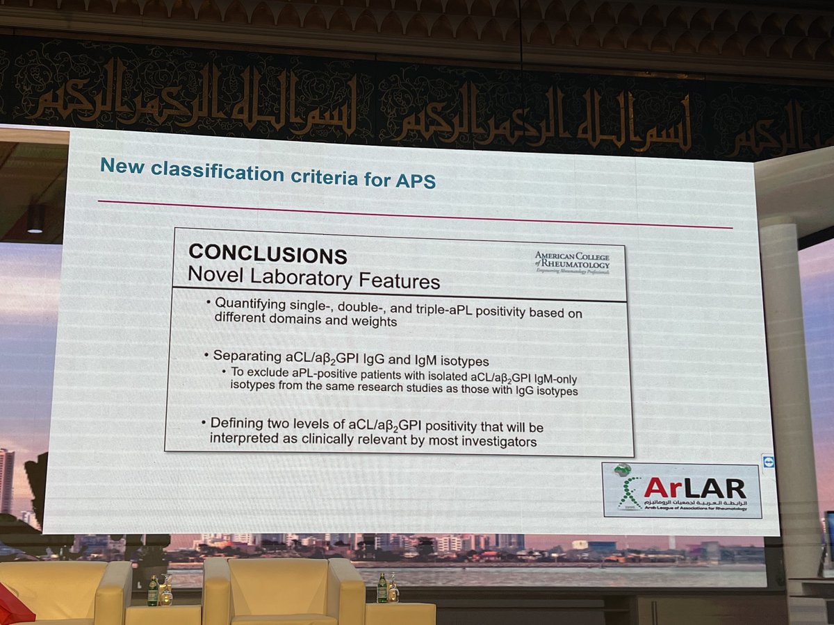 NoufAhmedAlham2's tweet photo. New classification criteria in APS   #ARLAR23 ⁦@ArLARheumatolog⁩  by Munther A Khamashta. https://t.co/DXdqWoKtha