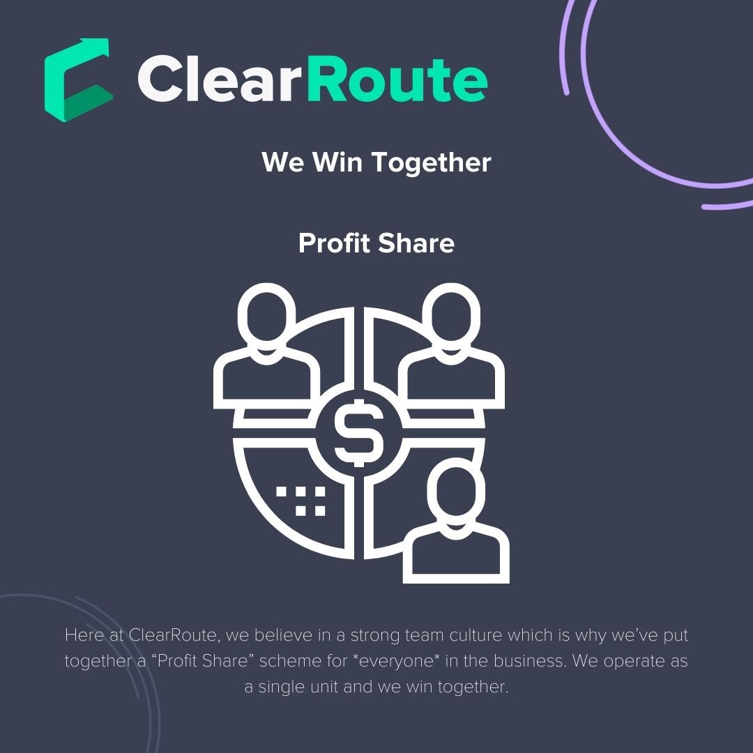 ClearRouteLtd's tweet photo. Here at ClearRoute, we believe in a strong team culture which is why we have put together a “Profit Share” scheme for *everyone* in the business. We operate as a single unit and we win together! 
.
.
#ClearRoute #softwaredeliveryexperts #profitshare https://t.co/zD5zPLLnK4
