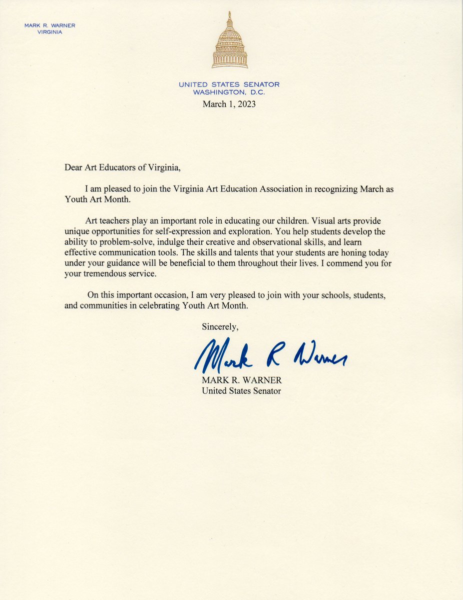 hhsstudio175's tweet photo. Art teachers... help students develop the ability to problem-solve, indulge their creative and observational skills, and learn effective communication tools.  
Thank you Senator Warner.
#vaartedyam23 https://t.co/VbqACQVN9v