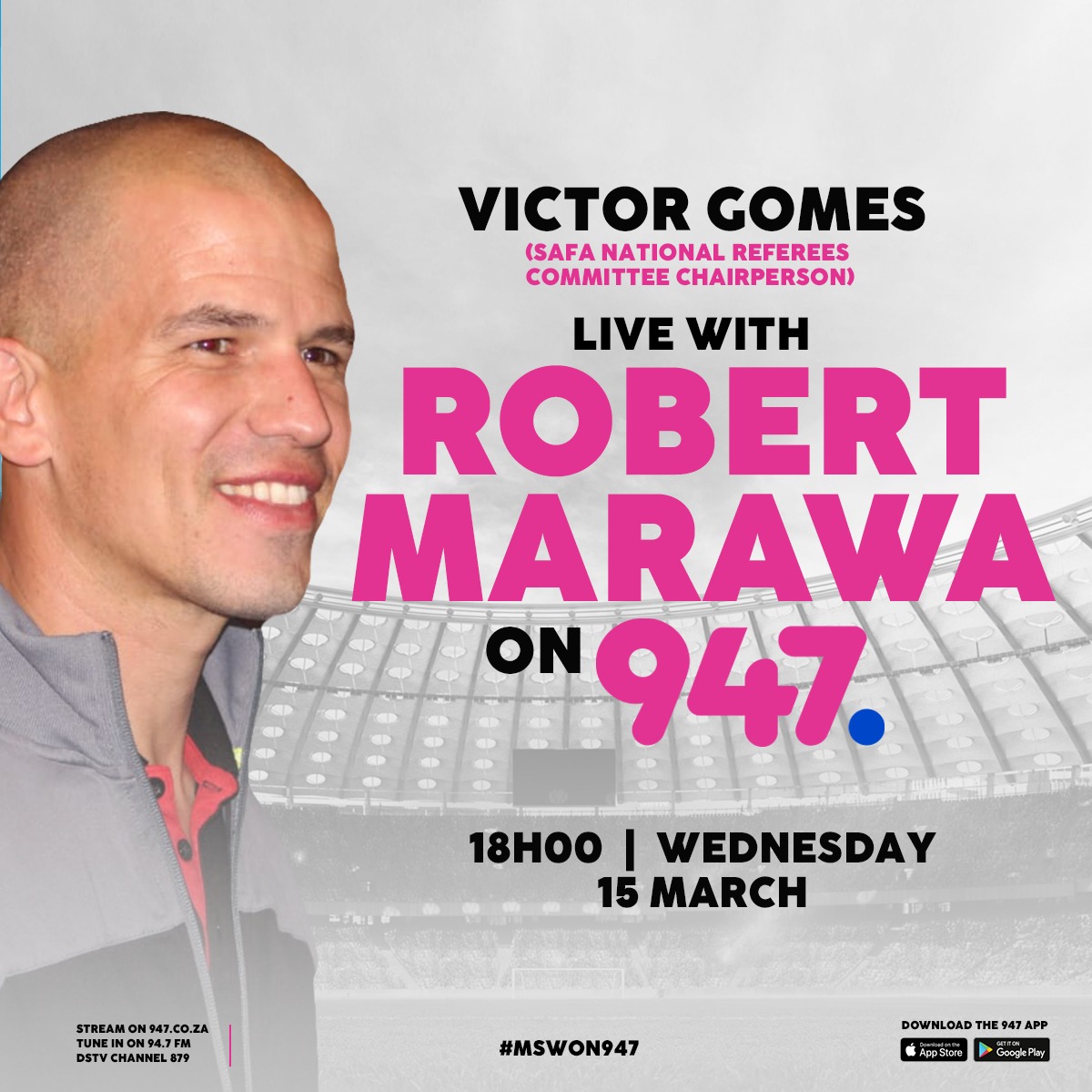 He's retired as a FIFA Referee after doing a brilliant job at the #QatarWorldCup2022 last year!! 

He's now been appointed as @SAFA_net National Referee's Committee Chairperson. Massive role in a world of numerous errors and an absence of VAR in SA! 

TONIGHT on #MSWOn947 
🎥📻📲