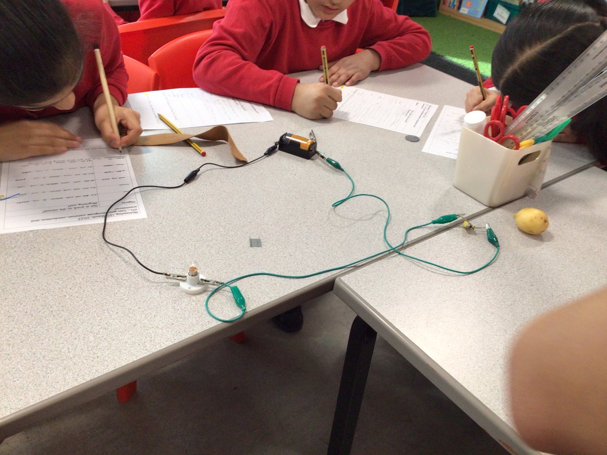 Look what we did today in Science! We got a lightbulb to work using a potatoe🥔💡Our aim was to see what different materials were conductors of Electricty  @kestrelmead @MrsHillKMPA @kestrelScience