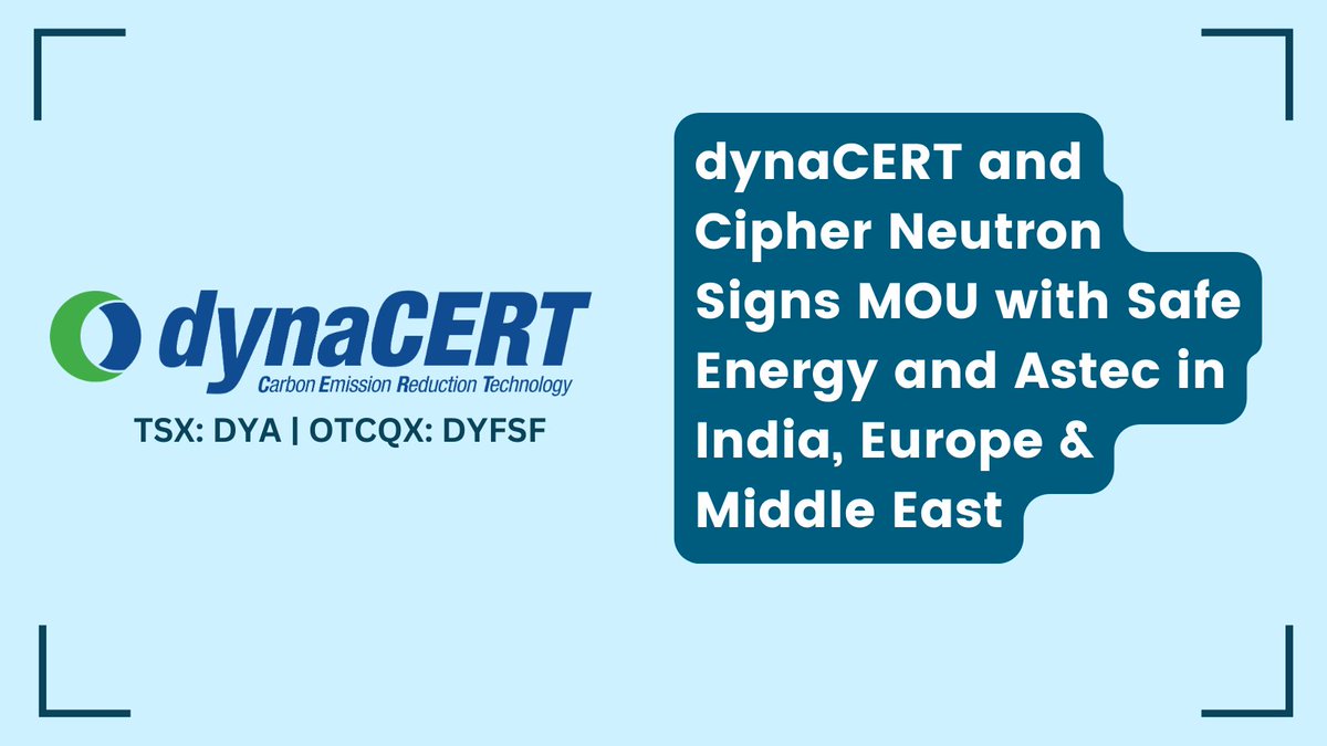 Investornewscom's tweet image. #dynaCERT and Cipher Neutron Signs MOU with Safe Energy and Astec in India, Europe &amp;amp; Middle East bit.ly/3mSDcXb 

#HydrogenTechnology #EmissionReduction @dynaCERT $DYA $DYFSF