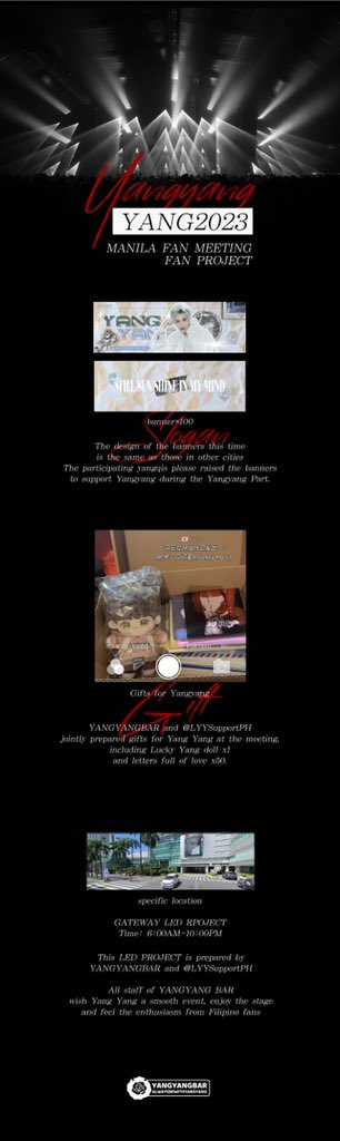 The fan meeting in Manila is coming soon! YANGYANGBAR and @ LYYSUPPORTPH have prepared the Fan Project for Yang Yang at this meeting, see the picture for details.
Thanks for support China YangyangBar and Yangyang 

#刘扬扬 #양양 #ヤンヤン #WayV #WeiShenV #威神V