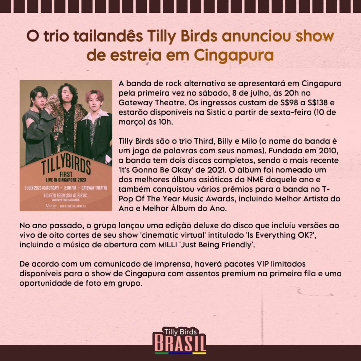 TillyBirdsBR's tweet photo. 📃 A NME lançou um artigo falando sobre a primeira apresentação de Tilly Birds em Cingapura que acontecerá em Julho deste ano.
» https://t.co/ZUJ6eq2yf5
#TillyBirds #2nd__4th #MiloTanti #BillBilly01 #MiloTanti https://t.co/8KJQN2coN3