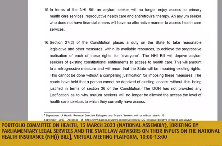 Case4Health's tweet photo. Parl. legal services says #NHI Bill deprives asylum seekers of existing constitutional rights to access health care, without justification.
@SpotlightNSP @Bhekisisa_MG @HealthJusticeIn
@ScalabriniCT @CoRMSA @black_sash @LHR_SA
@Refugees @russ421 @MP_Baduza @alioctober
#hcsmSA https://t.co/osbtZahyh6