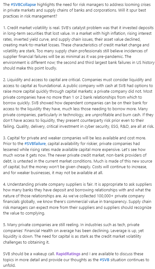 RapidRatings (@rapidratings) on Twitter photo On behalf of our Chairman & CEO <a href="/JamesHGellert/">James H. Gellert</a>: Perspective and Guidance on the #SVBCollapse On behalf of our Chairman & CEO <a href="/JamesHGellert/">James H. Gellert</a>: Perspective and Guidance on the #SVBCollapse