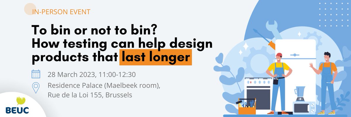beuc's tweet photo. Join us in Brussels on 28 March to discover how product testing and design improvements can help reduce waste and increase the longevity of products at our upcoming event. Register now to learn how policymakers can drive these changes: https://t.co/an6GlBpBCO https://t.co/wb0RCQReUF
