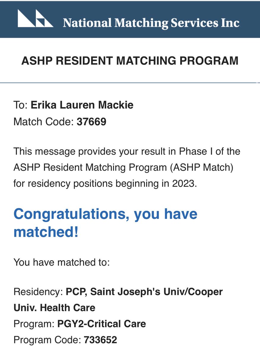 I’m going to be a critical care pharmacist! 💊🥳

So excited for this next chapter with PCP/SJU &amp; Cooper! #RxMatchDay #ASHPMatch #PharmRes #TwitteRx #PGY2 #CriticalCare