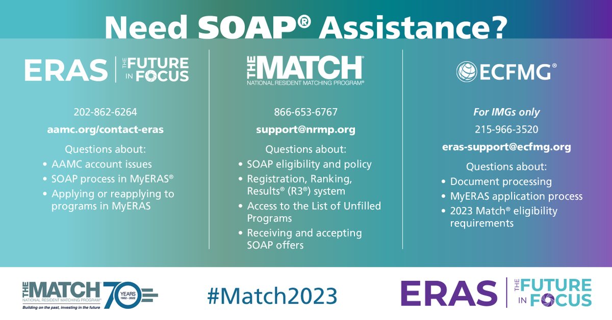 TheNRMP's tweet image. Need SOAP assistance? The NRMP, @ERASinfo, and @ECFMG_IMG are here to help. 

#Match2023 #SOAP2023 #MedEd