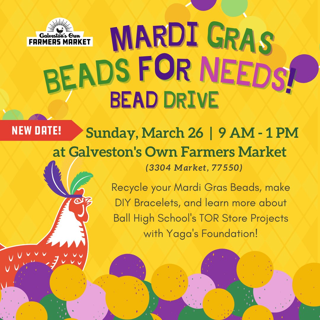GOFarmersMKT's tweet photo. Got a bunch of Mardi Gras Beads lying around? ⚜️ 🐓 💜

Gather those babies up &amp; bring them to market on Sunday, 3/26!  Recycle your Mardi Gras Beads, make DIY bracelets and learn about Ball High School's TOR Store Project.
⁠
➡️ Click for more details
https://t.co/Fu06i0O38w https://t.co/leLwn97rio