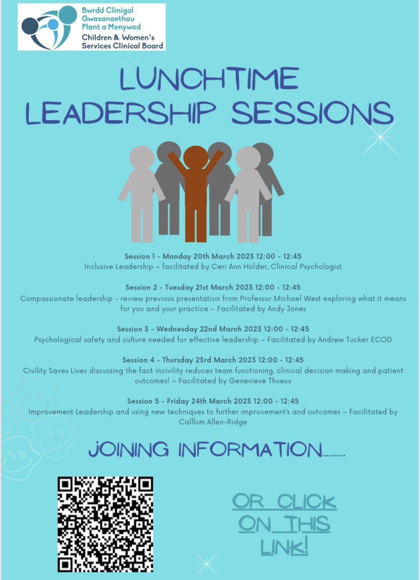 It’s #internationalleadershipweek next week and @CV_UHB Children & Women’s services clinical board are running lunchtime leadership sessions which I am excited to be apart of! See below! @CAV_ECOD