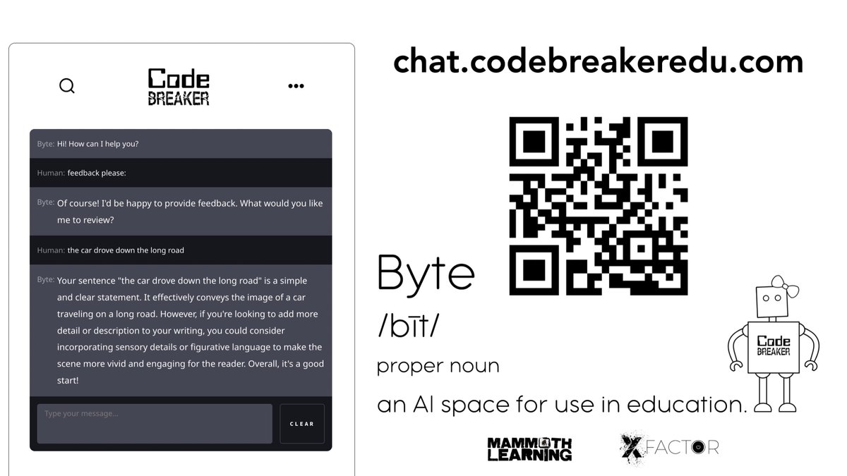mraspinall's tweet image. Want to see what all the buzz is about? 🦾

Try our own @codebreakeredu AI Assistant &apos;Byte&apos; at chat.codebreakeredu.com

#CodeBreaker 
#XFactorEDU 
#MammothED
