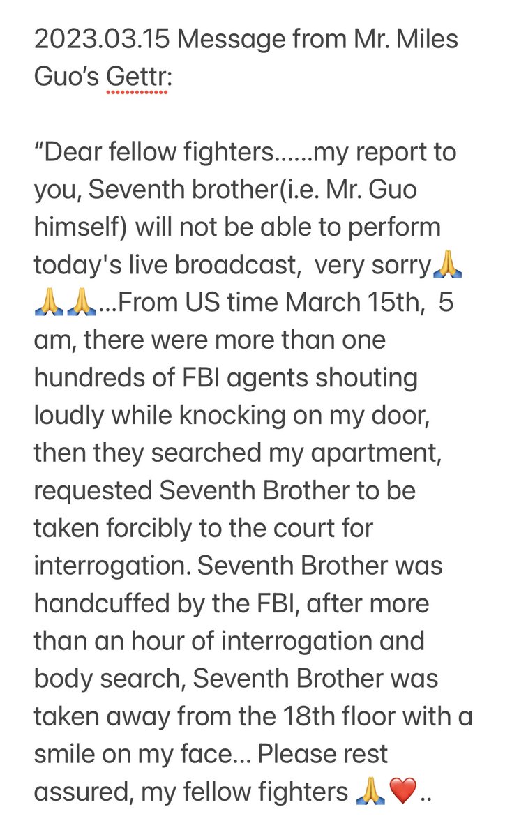 PureLotusHeart1's tweet image. 2023 年 3 月 15 日清晨，郭文贵先生在揭露福奇与武汉实验室主任王延轶有情人关系并与病毒起源和疫情真相有关后，被百余名 FBI 特工戴上手铐强制带去法院出庭审问
 👇
