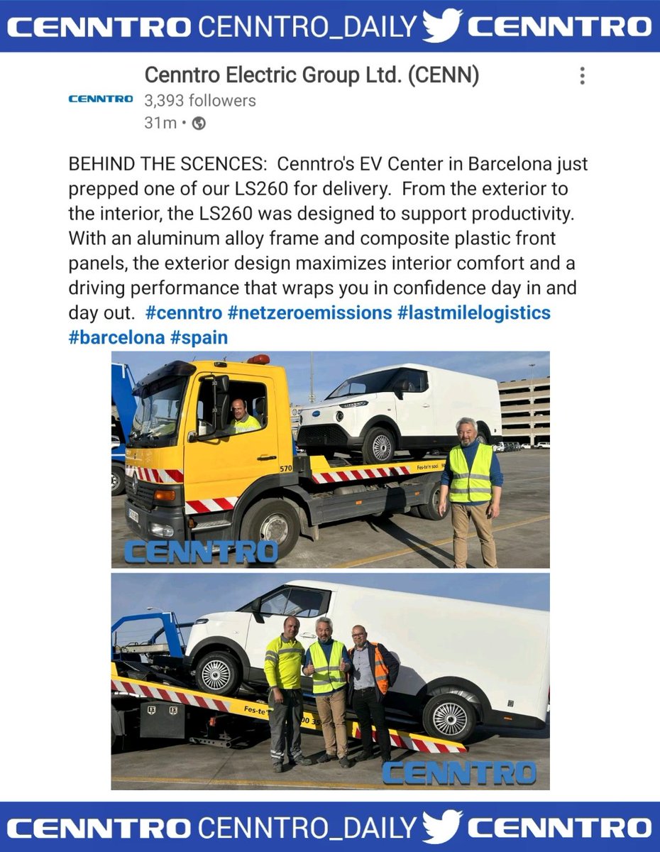 _X_Alex_'s tweet photo. #CENN #CENNTRO $CENN
#AUTONOMOUS #HYDROGEN
#ELECTRICVEHICLES⚡️#EV
#LOGISTAR260 #LOGISTAR #LS260
BEHIND THE SCENCES:
Cenntro's EV Center in #Barcelona
Just prepped One of our LS260
For delivery.
https://t.co/pDLJGQbhpN https://t.co/6BjDHKlZBq