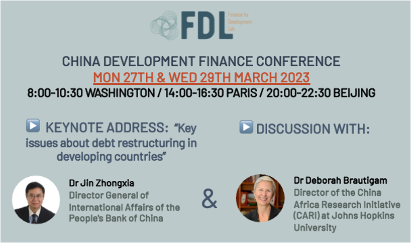 🗓 🇨🇳 FDL hosting its 1st Conference on Chinese Development Finance: 
➡ Two days: Mon27th &amp; Wed29th March
➡ Understanding China’s key challenges as a leading provider of finance to developing countries 
✅More info 👉findevlab.org/news_and_event…
✅REGISTER  👉us06web.zoom.us/webinar/regist…