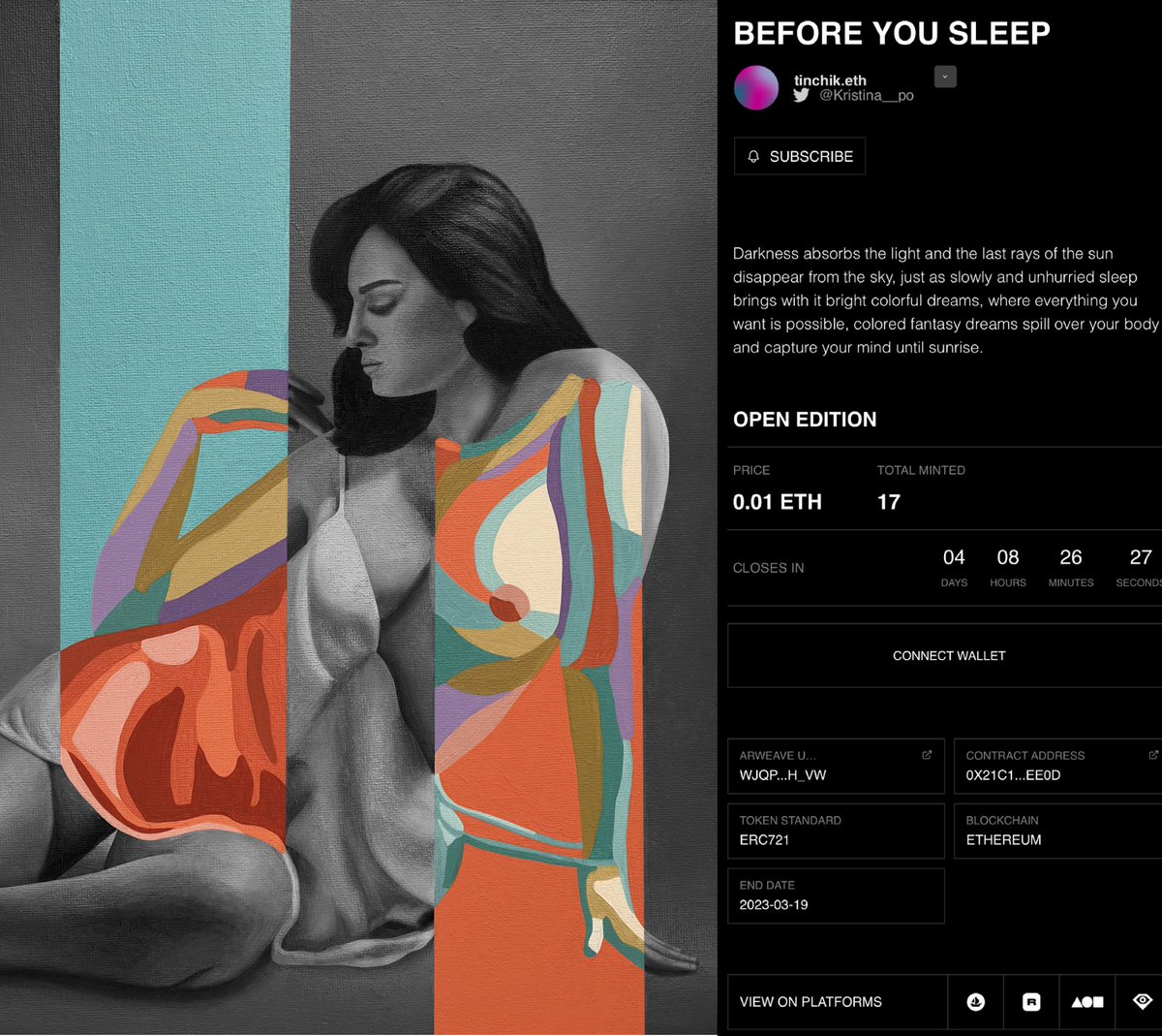 17 editions minted ❤️‍🔥

4 days left 👀

BEFORE YOU SLEEP 
acrylic painting 
0.01 $ETH