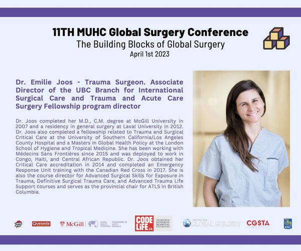 Meet Dr. @EmilieJoos @ubcgensurg @UBC_Global_Surg, one of our speakers for this year's conference! Session: Sustainable Partnerships in Global Surgery 📅April 1st, 2023 at 10:10 AM EST Registration link: linktr.ee/cgsconference #globalsurg #globalhealth #MedTwitter